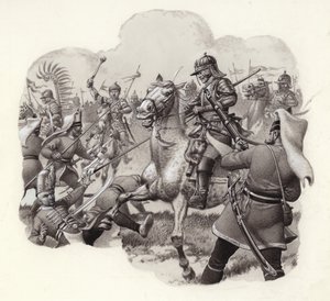 سلاح الفرسان البولنديون يقاتلون أفواج الانكشارية التركية في فيينا عام 1683 (غواش على ورق)
