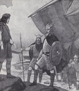 وصول الأخوين Hengist و Horsa إلى Ebbsfleet ، Isle of Thanet ، Kent ، أثناء غزو Angles و Saxons و Jutes في القرن الخامس (litho) بواسطة بول (بعد) هاردي