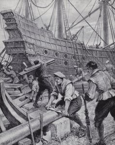 Building of the English galleon Ark Royal, the flagship in the fight against the Spanish Armada in 1588 (litho) بواسطة بول (بعد) هاردي