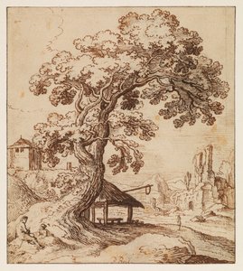 منظر طبيعي به آثار وأشكال ، حوالي عام 1615 (طباشير أسود وقلم حبر وحبر بني على ورق مضغوط ، مع خطوط تأطير بالحبر الأسود) بواسطة بول (دائرة) بريل أو بريل