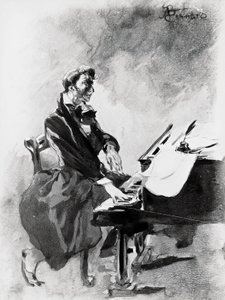 The composer and pianist Frederic Chopin playing the piano, by Albert Besnard (1849-1934), watercolor بواسطة بول ألبرت بيسنارد