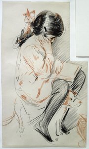 Paulette Reading يجلس على كلبها لعبة (قلم رصاص ملون على ورق) بواسطة بول سيزار هيليو
