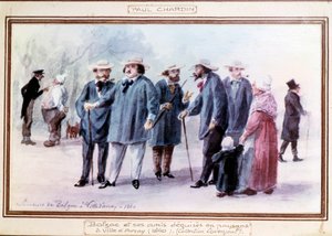 الكاتب الفرنسي أونوريه دي بلزاك (1799-1850) وأصدقاؤه يتنكرون في زي فلاحين في بلدة أفراي في عام 1840. لوحة مائية رسمها بول شاردان (1833 -؟) بواسطة بول شاردان