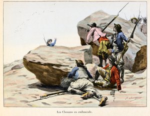 Chouannerie: Les Chouans en ambuscade ، أواخر القرن الثامن عشر - رسم لإميل بوتيني (1853-1929) في "" Hoche-Marceau-Desaix "" لثيودور كاهو (1854-1928) - مجموعة خاصة - Chouannerie: رسم إيضاحي لإميل بوتيني (1853) -1929) عن "Hoche-Marce بواسطة بول إميل بوتيني