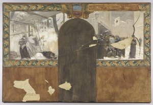 رسم تخطيطي لمكتب المحافظ في فندق فيل دو فيل دو باريس: قصف باريس - الطابور خارج محل جزار البلدية بواسطة بول إميل مانجانت