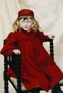 صورة لهاريت فيشر ، ثلاثة أرباع طول صغيرة ، ترتدي فستانًا أحمر ، 1896 بواسطة بول فيشر