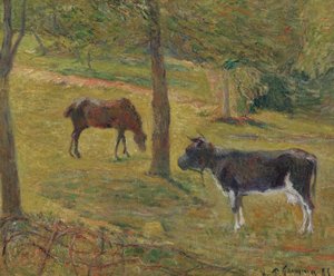 الفرنسية: Vache et cheval dans un pré بقرة وحصان في مرج بواسطة بول غوغان