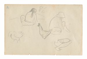 اسكتشات لشخصيات جالسة ودجاج (وجه) ، جذع أنثى عارية (مرتبط برسمة Te a no areois [بذرة الأريوي]) (ظهر) ، من Carnet de Tahiti (كراسة تاهيتي) بواسطة بول غوغان