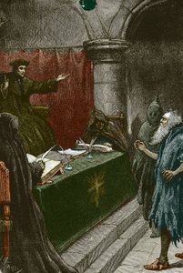 محاكم التفتيش وطرد يهود إسبانيا: يهودي أسباني أمام المحقق الكبير حوالي عام 1492 وقت نشر مرسوم قصر الحمراء - رسم توضيحي لبول هاردي 1891 يهودي إسباني أمام المحقق الكبير