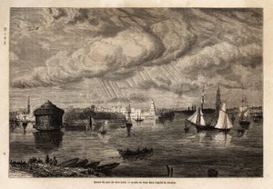 مدخل ميناء نيويورك ، رسمه بول هويت (1803-1869) ، لتوضيح الرحلات إلى أمريكا الشمالية في 1854-1855 ، بقلم إل ديفيل. نقش في "" Le Tour du monde "" 1861. مجموعة سيلفا. بواسطة بول هويت