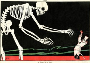 The Kaiser and death. First World War 1914-1918: William II (1859-1941) in a sea of blood threatened by a skeleton. Cartoon highlighting the mechancetic and mocking German stupidity, thus supporting the morale of the French during the war. Drawing of the s