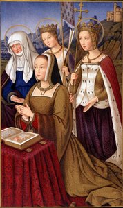 صورة آن أوف بريتاني (1477-1514) ، ملكة فرنسا ، في الصلاة مع شفيعها القديسة سانت آن وسانت هيلين وسانت أورسول - في "" الحياة العسكرية والدينية في العصور الوسطى وعصر النهضة "" بقلم بول لاكروا ، باريس