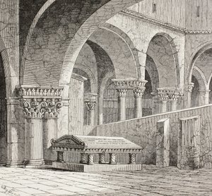 قبر غودفري دي بولون، 1060 - 1100، كما كان موجوداً في كنيسة القيامة، القدس. القبر مدمر الآن. بعد رسم رُسم في الموقع عام 1828. بواسطة بول لاكروا