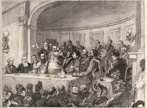 انعقد مؤتمر مكافحة الرق في باريس في 21 و 22 و 23 سبتمبر 1890 في جمعية الجغرافيا بحضور جول سايمون وإميل كيلر ومونسينيور لافيجيري. نقش بعد رسم بول ميروارت في "العالم المصور" عام 1890.