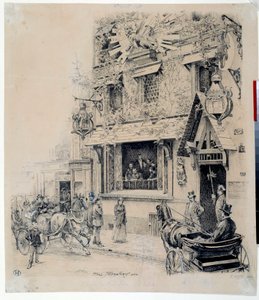 منظر لمدخل Cabaret du Chat Noir. رسم بالحبر رسمه بول ميروارت (1855-1902) في القرن التاسع عشر في باريس ، متحف كارنافالي