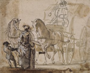 عربة وزوج ، مع Coachman (غسيل رمادي وبني مع الأبيض على الورق) بواسطة بول ساندبي