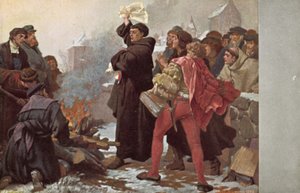 مارتن لوثر يحرق الثور البابوي الذي يهدده بالحرمان قبل Elstertor في Wittenberg ، ألمانيا ، 10 ديسمبر 1520