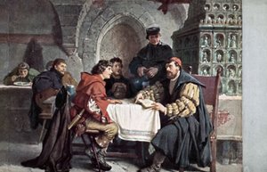 مارتن لوثر في محادثة مع طلاب في Gasthof der Baren ، جينا ، ألمانيا ، مارس 1522
