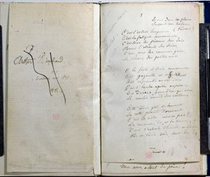 صفحات مكتوبة بخط اليد من "Romances Sans Paroles" مع تفاني متقاطع مع آرثر رامبو ، 1873 بواسطة بول فيرلين