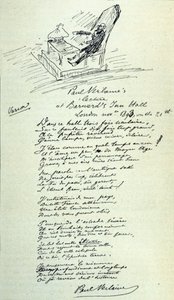 علامة قصيدة للشاعر الفرنسي بول فيرلين (1844-1896) مع رسم تخطيطي للممثل أثناء القراءة. 21/11/1893 بواسطة بول فيرلين