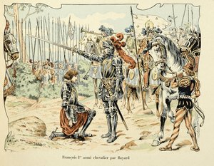 Illustration taken from the book “Histoire du chevalier Bayard “” by Theodore Cahu, illustrated by Paul De Semant (1855-1915): Francois 1, er arme chevalier par Bayard 1515