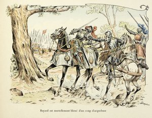 رسم توضيحي مأخوذ من كتاب "Histoire du chevalier Bayard" بقلم ثيودور كاهو ، مصور من قبل بول دي سيمانت (1855-1915): جروح بايارد مميتة برصاصة من Arquebuse 1524