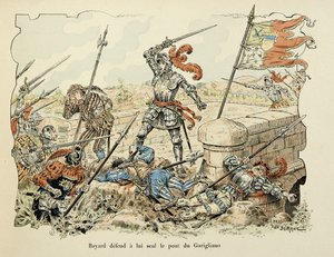 رسم توضيحي مأخوذ من كتاب "Histoire du chevalier Bayard" بقلم ثيودور كاهو ، مصور من قبل Paul De Semant (1855-1915): يدافع Bayard فقط عن جسر Garigliano 1504