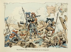 رسم توضيحي مأخوذ من كتاب "Histoire du chevalier Bayard" بقلم ثيودور كاهو ، مصور من قبل بول دي سيمانت (1855-1915): بايارد يصيب بريشيا مدعومًا بلوحة مفاتيح 1512 بواسطة بول دي سيمانت