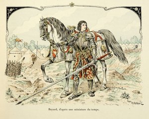 رسم إيضاحي مأخوذ من كتاب "Histoire du chevalier Bayard" بقلم ثيودور كاهو ، رسمه بول دي سيمانت (1855-1915): صورة لبايارد بعد منمنمة الفترة بواسطة بول دي سيمانت