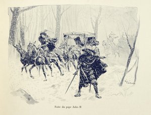 رسم توضيحي مأخوذ من كتاب "Histoire du chevalier Bayard" بقلم ثيودور كاهو ، مصور من قبل بول دي سيمانت (1855-1915): رحلة البابا يوليوس الثاني بواسطة بول دي سيمانت