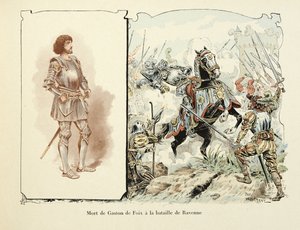 رسم إيضاحي مأخوذ من كتاب "Histoire du chevalier Bayard" بقلم ثيودور كاهو ، رسمه بول دي سيمانت (1855-1915): موت غاستون دي فوا (1489-1512) في معركة رافينا بواسطة بول دي سيمانت