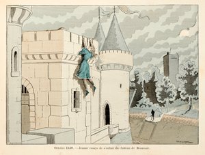 رسم توضيحي مأخوذ من كتاب "جان دارك" بقلم تيودور كاهو ورسمه بول دي سيمانت (1855-1915): أكتوبر 1430 تحاول جين الهروب من قلعة بوفوار