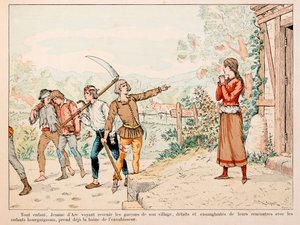 رسم توضيحي مأخوذ من كتاب "جان دارك" بقلم تيودور كاهو ورسمه بول دي سيمانت (1855-1915): طفلة جين تأخذ كراهية الغزاة برؤية أطفال قريتها دمويًا خلال مواجهاتهم مع البورغنديين بواسطة بول دي سيمانت