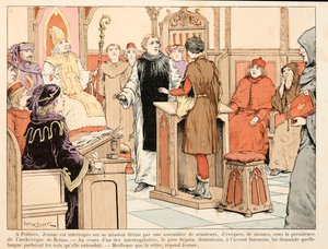رسم توضيحي مأخوذ من كتاب "جان دارك" بقلم تيودور كاهو ورسمه بول دي سيمانت (1855-1915): استجوب بواتييه جين دارك من قبل الكنيسة تحت رئاسة Archeveque of Reims بواسطة بول دي سيمانت