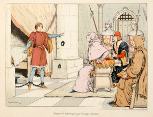 رسم إيضاحي مأخوذ من كتاب "" جان دارك "" بقلم ثيودور كاهو ورسمه بول دي سيمانت (1855-1915): جان دارك استجوبه إيفيك كوشون بواسطة بول دي سيمانت