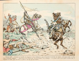 Illustration taken from the book “” Joan of Arc “” by Theodore Cahu and illustrated by Paul De Semant (1855-1915): 12 June 1429 The Lord of Lude kills by a ball during the Battle of Jargeau before Joan of Arc بواسطة بول دي سيمانت
