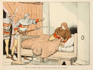رسم توضيحي مأخوذ من كتاب "" جان دارك "" بقلم ثيودور كاهو ورسمه بول دي سيمانت (1855-1915): جان دارك يهينها الجنود في سجنها