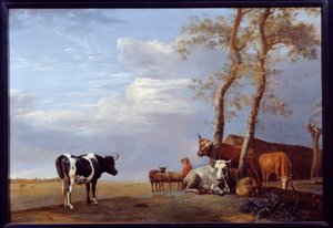 المناظر الطبيعية مع الفلاحين والحيوانات. لوحة بول بوتر (1625-1654) Ec. هول.