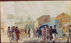 مشهد الشارع تحت المطر في موسكو. عمل بافيل أندرييفيتش فيدوتوف (1815-1852) ، ألوان مائية على ورق