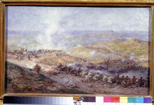 مشهد من الحرب الروسية التركية (1876-1878) (مشهد من الحرب التركية الروسية). ساحة المعركة في البلقان ، حيث اشتبك جنود الجيش الروسي والإمبراطورية العثمانية ، أثناء حصار بلفن (أو بليفنا ، في بلغاريا) ، في عام 1877. الرسم