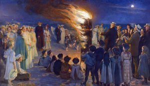 Veillee de Saint Jean sur la plage de Skagen (Danemark) - منتصف الصيف في Eve Bonfire على شاطئ Skagen ، بواسطة Kroyer ، Peder Severin (1851-1909). زيت على قماش. الأبعاد: 149.5 × 257 سم. متحف Skagens بواسطة بيدير سيفيرين كروير