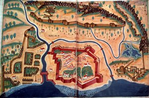 سلون 197 ، صص .381v-382r: مخطط مدينة ملقا ، من "كتاب دولة الهند الشرقية" بواسطة بيدرو باريتو دي ريسيندي