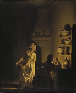 Le test des oeufs، interieur de kitchen - Testing Eggs. داخل المطبخ ، بواسطة Hillestrom ، Pehr (1732-1816). زيت على خشب. الأبعاد: ٣٩ × ٣٢ سم. المتحف الوطني ستوكهولم بواسطة بير هيلستروم