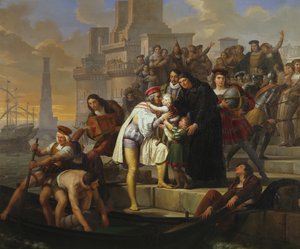 Christopher Columbus embracing his two sons and recommending them to Father Giovanni Perez before leaving Palos for the journey to discover America بواسطة Pelagio Palagi