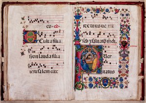 مكتبة Piccolomini: كتاب جوقة ، سمك القد. 102.8 ، صص. 47 ظ -48 و مع "الميلاد" ، بقلم بيليجرينو دي ماريانو. بواسطة Pellegrino di Mariano