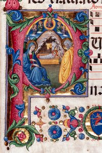 مكتبة Piccolomini: كتاب جوقة ، سمك القد. 102.8 ، صص. 48 و "الميلاد" بقلم بيليجرينو دي ماريانو. التفاصيل. بواسطة Pellegrino di Mariano