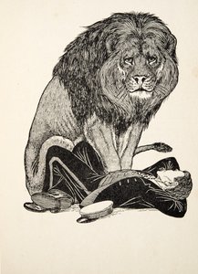 الأسد وحارسه ، من مائة حكاية من الحيوانات ، حانة. 1924 بواسطة بيرسي جيه. بيلينجشيرست