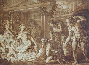 عبادة الرعاة نقشها إليشة كيرخال (1682-1742) 1724 (ليثو ملون) بواسطة Perino del Vaga