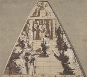 تقديم العذراء في الهيكل أدناه ، وإبراهيم على وشك التضحية بإسحاق أعلاه ، 1520. بواسطة Perino del Vaga