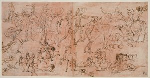 دراسات للمحاربين والفرسان والأسود (وجه الصفحة) ؛ دراسات للرؤوس والأشكال العارية وخطة السقف والنقوش (ظهر) بواسطة Perino del Vaga